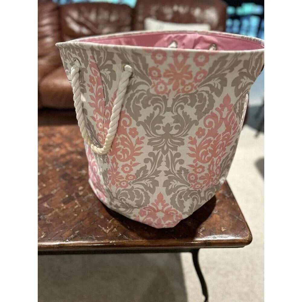 TM Designs Pink/Gray Damask Canvas Storage with Rope Handles Organization Bin